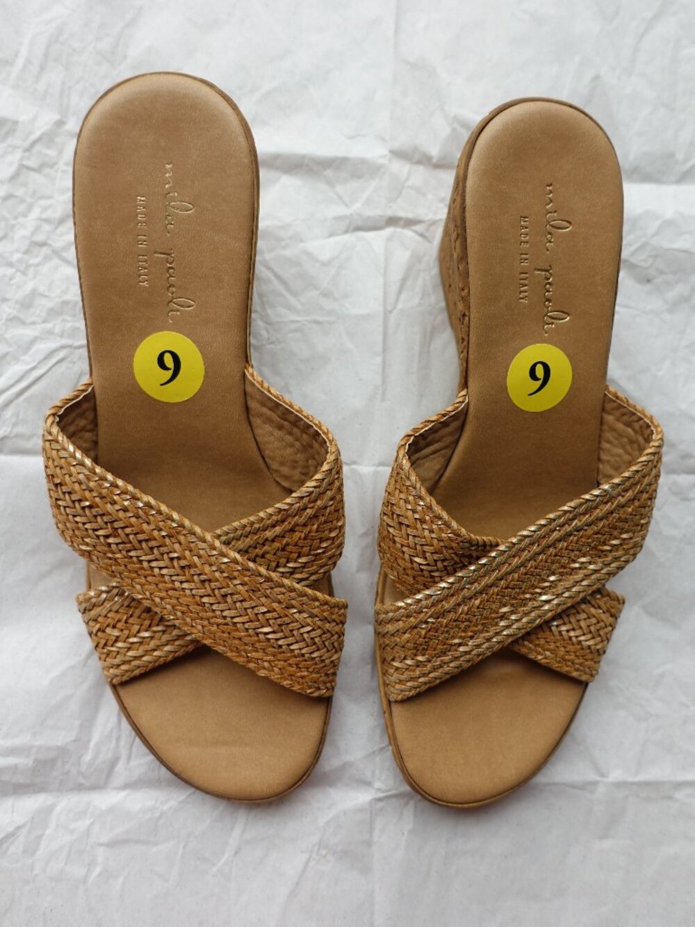 Mila Paoli Tan Woven Crisscross Wedge Slide Sandals